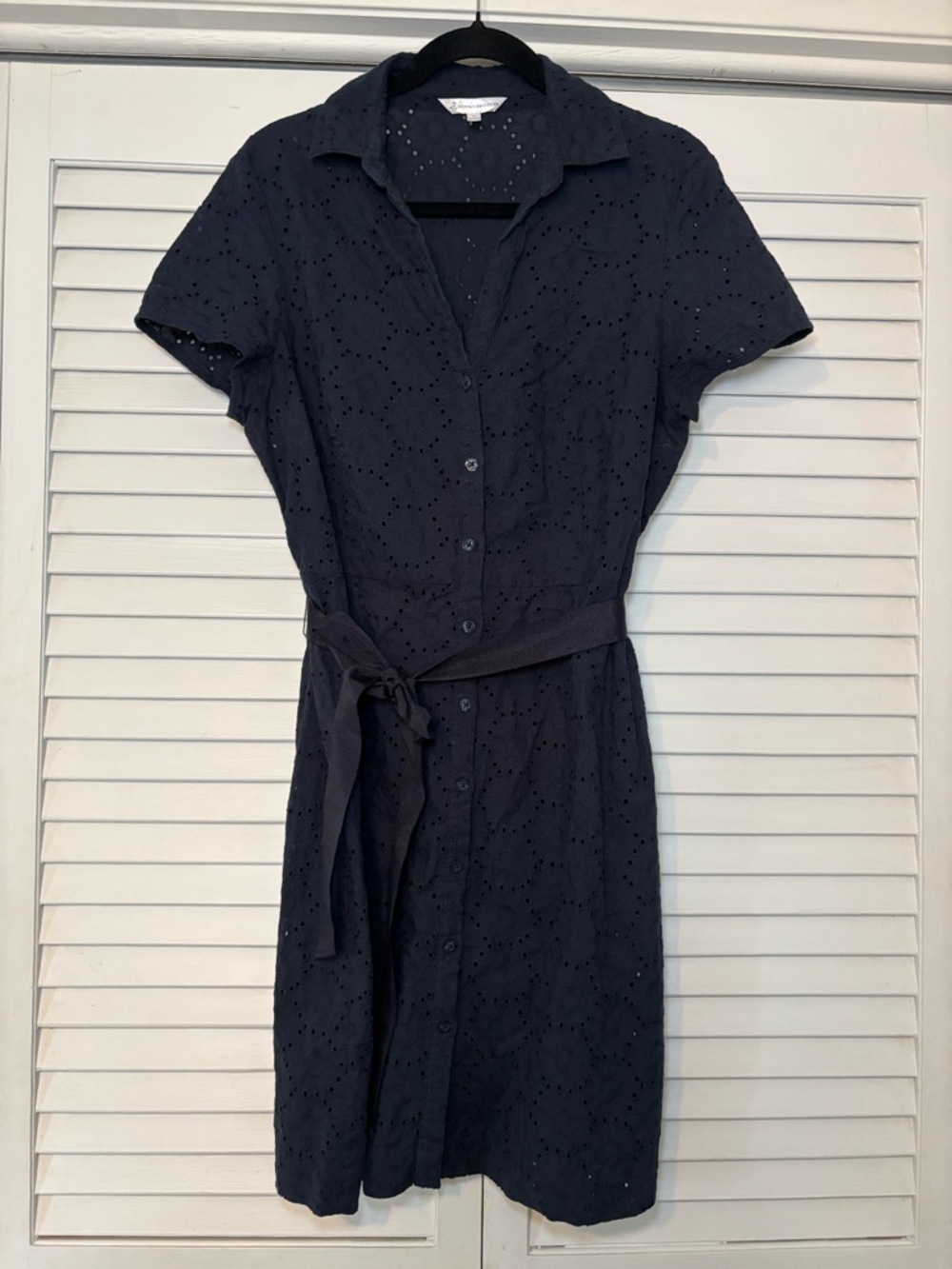 Brooks Brothers Women’s Eyelet Shirt Dress Navy Cotton Tie Waist Size 14